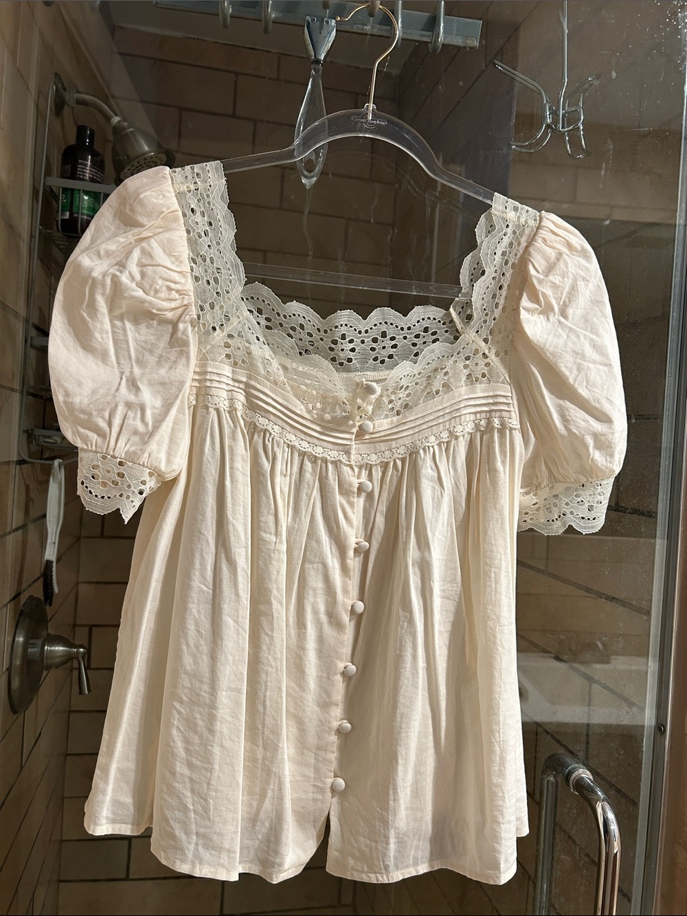 Reformation Wanda Top. Cream Lace-Trim Button Front Puff Sleeve Top
